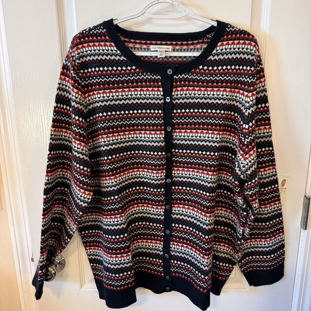 Women's Cozy Cardigan Sweater 2X‎ Red/Black/White Pattern Stripes